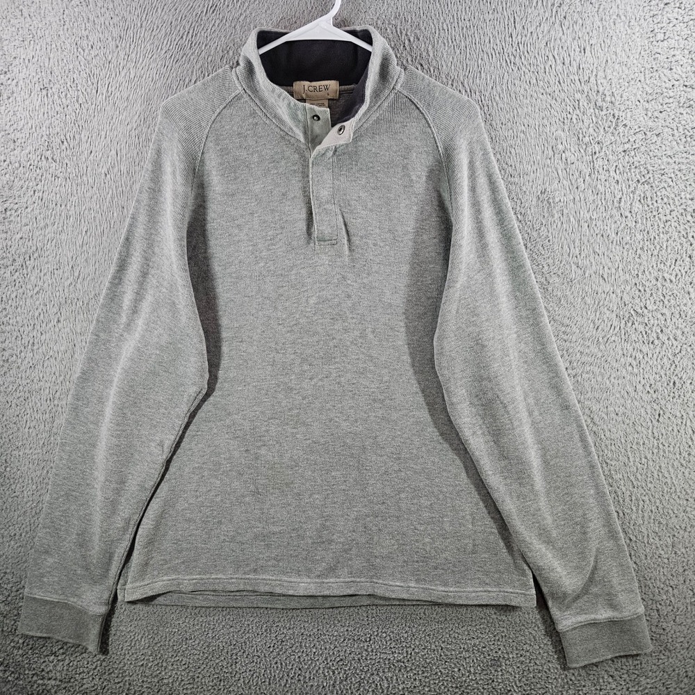 J. Crew Mens Large Gray 100% Cotton Mock Neck Snap Button Pullover Sweater